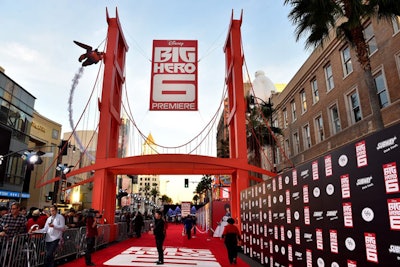 The red carpet area for Walt Disney Animation Studios' premiere of Big Hero 6, which was held at Hollywood's El Capitan Theatre in November 2014, featured a structure that resembled a mini Golden Gate bridge with Japanese torii gates. It was inspired by the movie's fictional city of San Fransokyo.