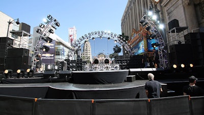 Custom performance stage with truss arch, band risers, and custom scenery for Van Halen on Jimmy Kimmel Live!