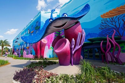 Disney’s Art of Animation Resort celebrates the characters of classic Disney and Disney-Pixar films such as Finding Nemo, Cars, Lion King, and Little Mermaid. The resort includes 1,120 family suites and 864 standard rooms. It also has the largest swimming pool at Walt Disney World.