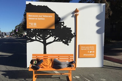A Pop Art-style diorama at the United Way of Greater Los Angeles HomeWalk event showed a park with a 3-D bench, designed to represent a common plight of homeless veterans in town.