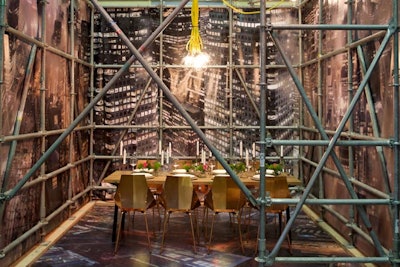 The setting from architecture and interior design firm Bortolotto let guests feel as if they were dining in a construction site overlooking the city's skyline.