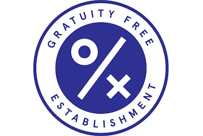 A new logo designed by restaurateur Andrew Tarlow—whose restaurants include Diner and Marlow & Sons—identifies gratuity-free restaurants. Using it on menus and other collateral is one way the industry is hoping to educate consumers on the movement.