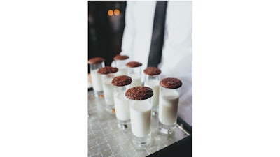 Gluten-free double chocolate chew cookies and ice-cold milk shooters.