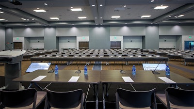 A large conference setup in room 101at the Victoria College Conference & Education Center.