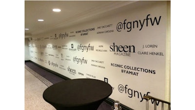 A step and repeat in cut vinyl applied directly to a wall at the Affinia Hotel.