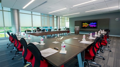 A conference setup in room 201 at the Victoria College Conference & Education Center.