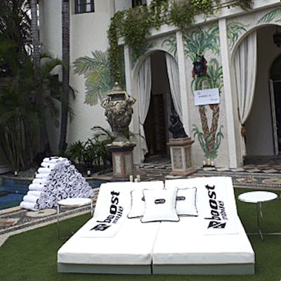 Relevent's Tony Berger created a St. Tropez-inspired lounge at the Boost Mobile Villa, complete with Boost-logoed towels, pillows, and beach balls.