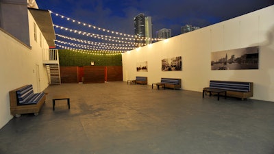 The courtyard with a view of the downtown Miami skyline.
