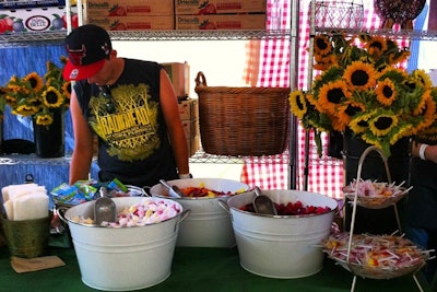 At the Pitchfork Music Festival in 2012 in Chicago, Whole Foods set up a farmer's market where guests could purchase goods including strawberries and sunflowers in a kitschy space decorated with gingham curtains and baskets.