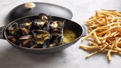 Maine bouchot mussels steamed with white wine, Dijon mustard, and saffron at Bouchon