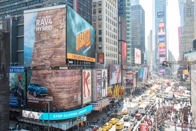 From March 22 to 24, as a kickoff to the New York International Auto Show, Toyota erected a scalable 100-foot rock wall billboard in Times Square with the tagline 'How far will you take it?' and hashtag #RAV4Hybrid.