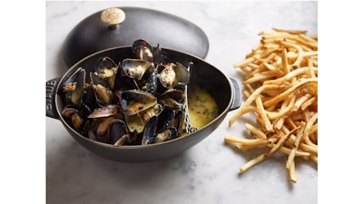 Maine bouchot mussels steamed with white wine, Dijon mustard, and saffron at Bouchon