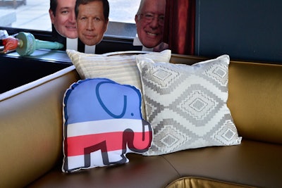 Elephant and donkey pillows dotted the seating areas throughout the lounge.