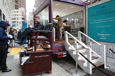 From 7 a.m. to 6 p.m., two mobile 'shave trucks' invited passersby to get hot shaves from Frank's Chop Shop, massages and mini manicures from PRIV, and shoe shines from A. Shine & Company.