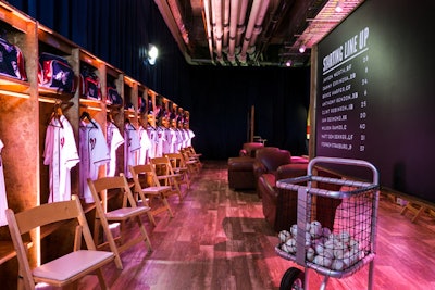 For a baseball-theme bar mitzvah at the Nationals Park in Washington, Columbia, Maryland-based Magnolia Bluebird Design & Events designed and built a grand entrance for the party since the real locker room was off-limits at the time. Each locker featured the guest’s name along with a custom jersey and duffel bag.