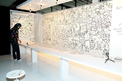Inspired by office design, Rockwell Group and Knoll partnered to create a dining environment they billed as the “ultimate whiteboard” experience. All of the surfaces were covered with IdeaPaint, a dry-erase paint, and decorated with doodle art by New York-based artist Jon Burgerman.