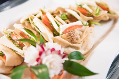 Chef Xavier Deshayes provided multiple vegetarian dishes including his take on a caprese salad with tomato, mozzarella, and arugula on pita bread.