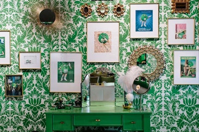 As the green-colored M&M, Ms. Green, is billed as having star quality and a fabulous, flirty demeanor, the green room included eye-popping wallpaper, framed pictures of the character's fake magazine covers, and a green vanity with green makeup.