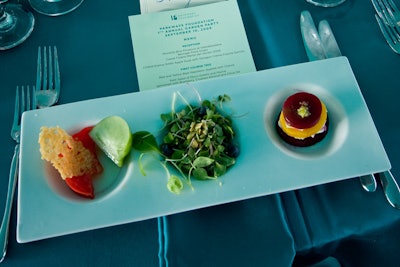 Guests dined on Limelight Catering's beet-and-chevre Napoleon, along with a salad of micro greens, blueberries, and heirloom tomatoes drizzled with arugula vinaigrette, at the Parkways Foundation's fund-raiser, held at the Tiffany & Company Foundation Celebration Garden in Chicago's Grant Park in September 2009.