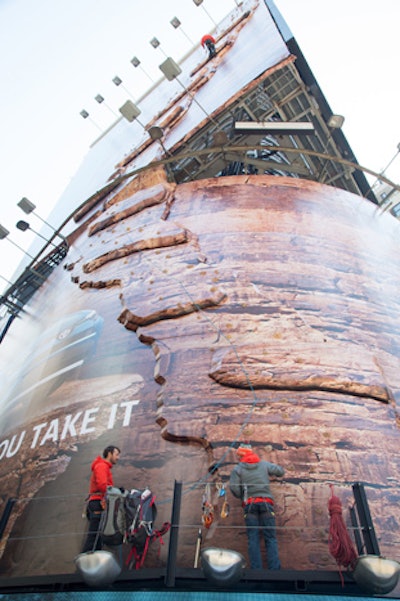 Built with custom-fabricated 3-D rock, the billboard was developed by Toyota and Saatchi & Saatchi. Located at the corner of 47th Street and Seventh Avenue, the activation utilized 1,112 square feet of wall space, weighed 6,000 pounds, took 2,400 hours to construct, and eight days to install.