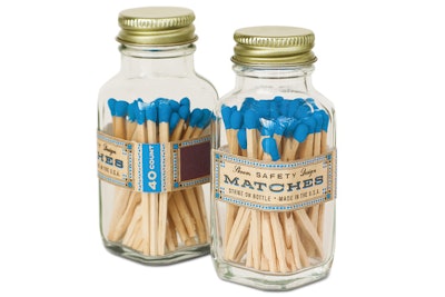 Philadelphia-based Skeem Design’s match bottles serve as unexpected favors for weddings or other events. They come in fun shades and include handcrafted tags. The medium and small match bottles, $14 and $10, respectively, are available in black, white, green, orange, blue, and red. For birthdays, the company offers 32 hand-dipped beeswax candles with a coordinating box of matches for $24.