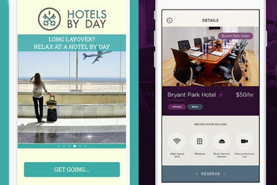 HotelsByDay (pictured, left) allows users to book rooms by blocks of time, while Bizly lets planners and business pros find meeting space on short notice.
