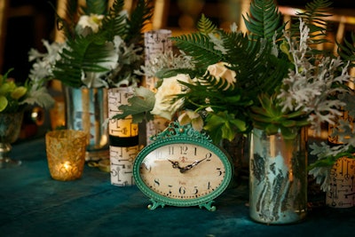 Also at the steampunk-inspired bat mitzvah, vintage accents like a boldly painted antique clock provided a teen-friendly twist on the theme.