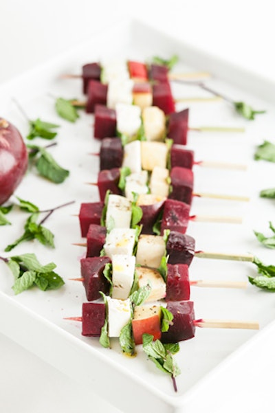 Winter Caprese skewers with apples, red beets, and mint, from Fig Catering in Chicago, offer a fresh way to present the root veggie.