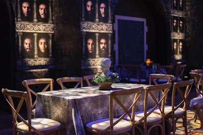 The hall of faces photo op used custom printed wallpaper that covered three walls of the ballroom.