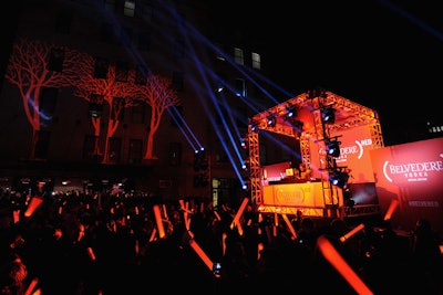 In partnership with the (Red) campaign, Belvedere staged an AIDS awareness takeover of New York's meatpacking district in November 2012, featuring a one-hour Chromeo concert. During the performance, the crowd waved oversize red glow sticks, which matched the glowing red look of the promotion.