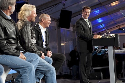 California Gov. Arnold Schwarzenegger and Virgin’s Sir Richard Branson enjoy Delphi’s spaceship-unveiling party.