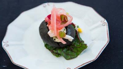 Pink gulf shrimp and spiny lobster salad, sweet corn, sherry aioli, and black brioche.