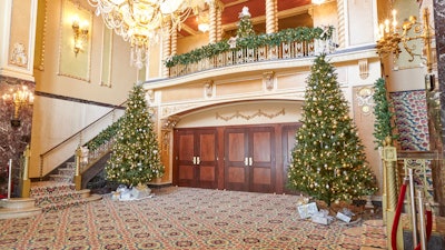 The intimate Grand Lobby decorated for the season.