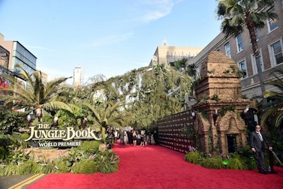 Disney's world premiere for the The Jungle Book included a red carpet arrivals area with a temple-like entrance, inspired by the film's scenery.