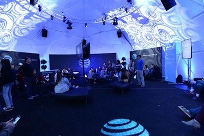 For the three-night March Madness Music Festival, AT&T provided a lounge inside an igloo-style tent, with charging stations, a panoramic selfie station, and custom T-shirts.
