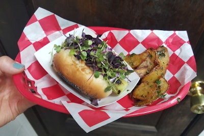 One of the main courses featured 'hot dogs' made from smoked broccoli stalks, with a side of salt-and-vinegar potato skin fries.