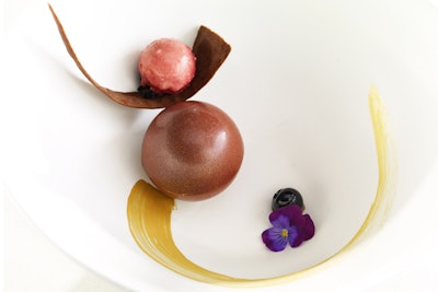 Chocolate custard sphere, served with beet root and brown butter ice cream with cocoa tulle and stone fruit, by Wolfgang Puck Catering in Chicago, Dallas, Los Angeles, and Seattle