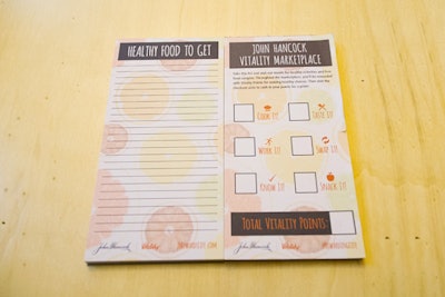 Attendees were given a notepad with a checklist that they could present at various stands in the marketplace area. Points for prizes were filled in based on whether they chose healthy or unhealthy options.