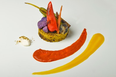 Charred vegetable tagine with apricot-pepper sauce on saffron socca with spiced yogurt, by Eatertainment in Toronto