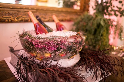 Champagne chilled in bowls reminiscent of birds' nests, made from foraged organic materials.