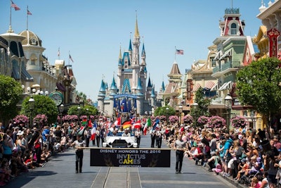 On Friday the athletes took part in a parade at Disney’s Magic Kingdom, along with Olympic gold medal gymnast Shawn Johnson and Disney characters.
