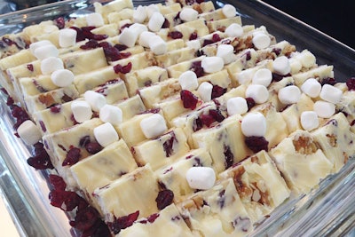 A dessert buffet included treats such as white chocolate rocky road squares (pictured), peanut butter-and-jelly sandwich cookies, packaged brownies from Dog Tag Bakery, and banana tartlets.