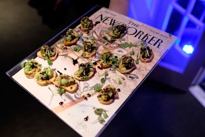 At The New Yorker's cocktail party, passed hors d'oeuvres from the W Washington D.C. included spicy ginger tuna with avocado, served on trays featuring former covers of the magazine.