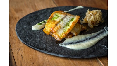 Mediterranean turbot with orange glazed salsify, vidalia compote, and crosnes.