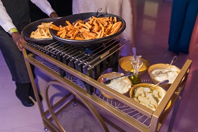 Occasions also catered MSNBC's after-party at the United States Institute of Peace. There were multiple flights of food for the buffets as well as fixed and roaming specialty stations. One of the roaming stations featured traditional and sweet potato french fries with a variety of toppings including chili, cheddar cheese, parmesan cheese, truffle oil, onion, and cheese curds.