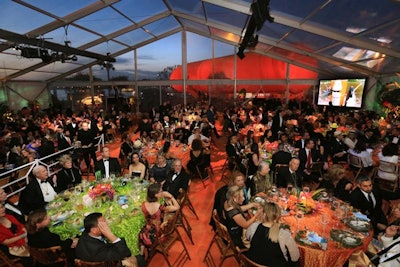 Brightly colored carpeting in the dinner tent and tabletops in alternating bold hues underscored the Panama inspiration.