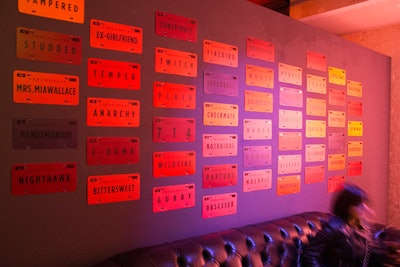 Lipstick names were incorporated throughout the event in unexpected ways like this license plate wall decor.