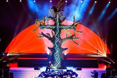 At the Salvation Army’s 150th anniversary in London, a 30-foot-tall scenic LED tree set piece held six dancers.