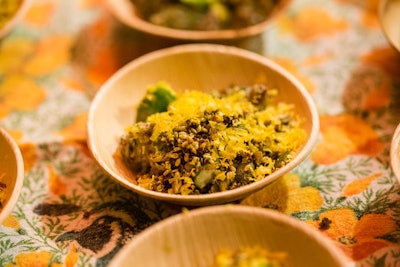 Stuart Brioza and Nicole Krasinski, chefs at The Progress in San Francisco, served morels with asparagus in dishes set atop a brightly embroidered tablecloth. The dish was inspired by the Jolly Green Giant, a classic figure in TV commercials.