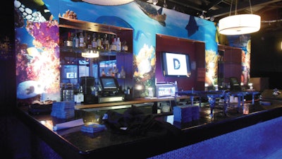 Custom-application on the bars, walls, windows, and floor at an under-the-sea-themed private event